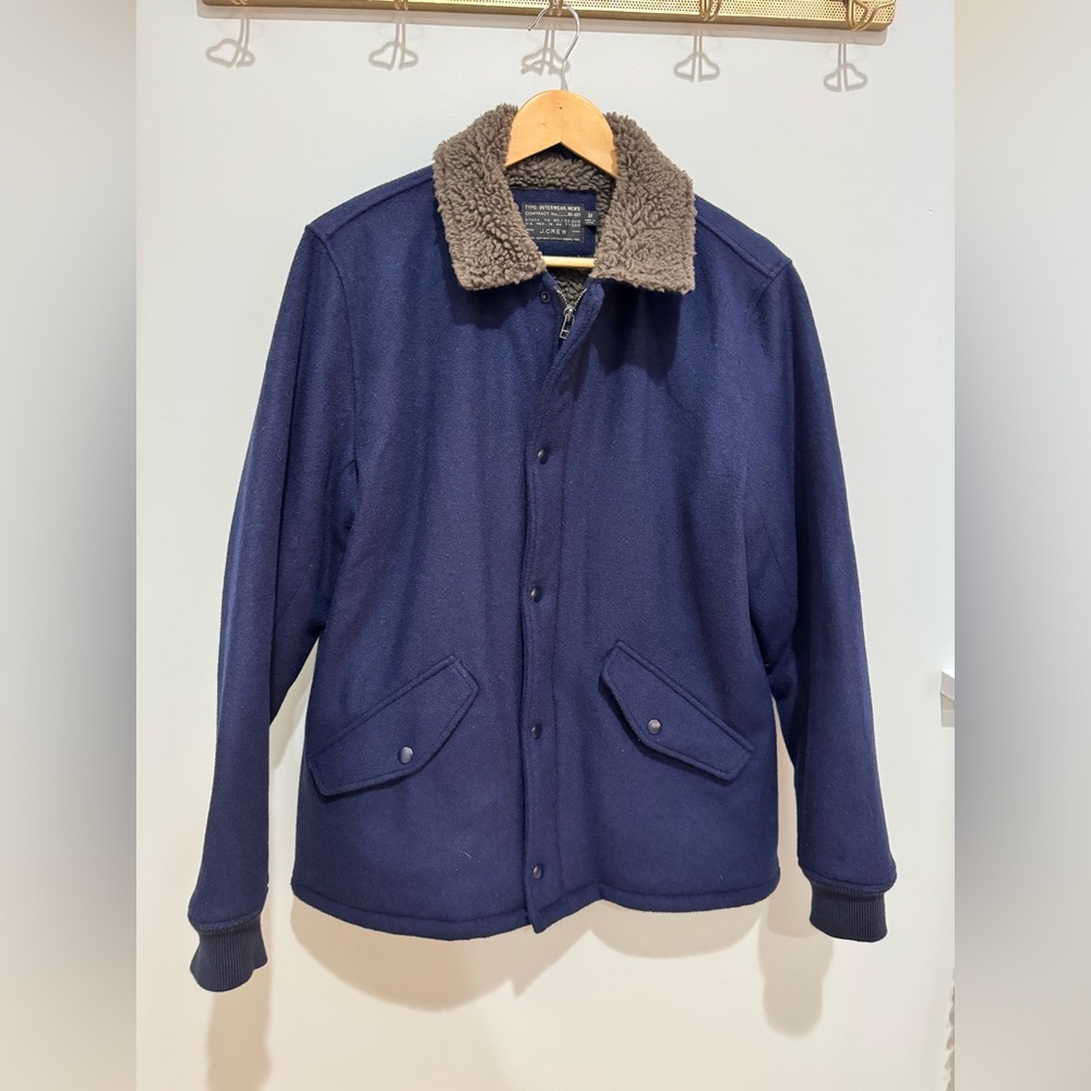 J. Crew Men’s Dark Blue Wool Jacket with Gray Fleece Collar